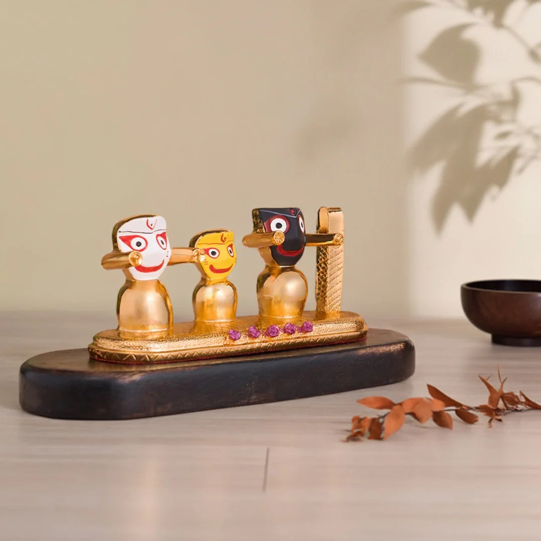 Lord Jagannath, Subhadra, Balabhadra Murti Set - Gold Plated (4 Inch)