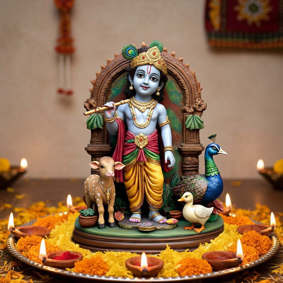 Bal Krishna With Cow, Peacock & Duck