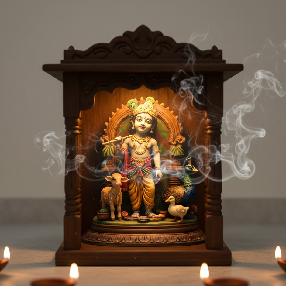 Bal Krishna With Cow, Peacock & Duck